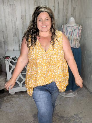 Tawnie Vneck Babydoll Tank in Gold + Ivory Floral-1- ShortSlv/Slvless Tops-KORI-Styled by Stacked - A Plus Size Women's Boutique in Lakeville, MN