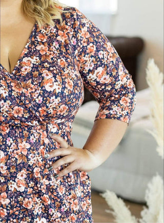 Taylor Faux-Wrap 3/4 Sleeve Dress in Florals (3 Colors)-11- Dress/Romp/Jump-Michelle Mae-Styled by Stacked - A Plus Size Women's Boutique in Lakeville, MN