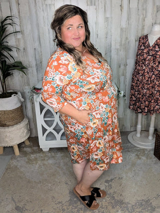 Taylor Faux-Wrap 3/4 Sleeve Dress in Florals (3 Colors)-11- Dress/Romp/Jump-Michelle Mae-Styled by Stacked - A Plus Size Women's Boutique in Lakeville, MN