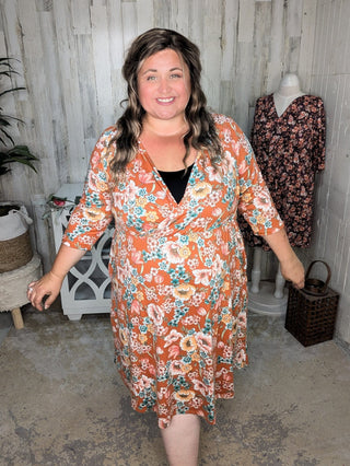 Taylor Faux-Wrap 3/4 Sleeve Dress in Florals (3 Colors)-11- Dress/Romp/Jump-Michelle Mae-Styled by Stacked - A Plus Size Women's Boutique in Lakeville, MN