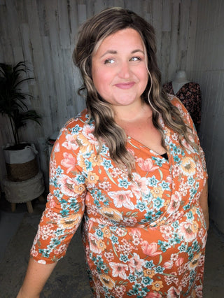 Taylor Faux-Wrap 3/4 Sleeve Dress in Florals (3 Colors)-11- Dress/Romp/Jump-Michelle Mae-Styled by Stacked - A Plus Size Women's Boutique in Lakeville, MN