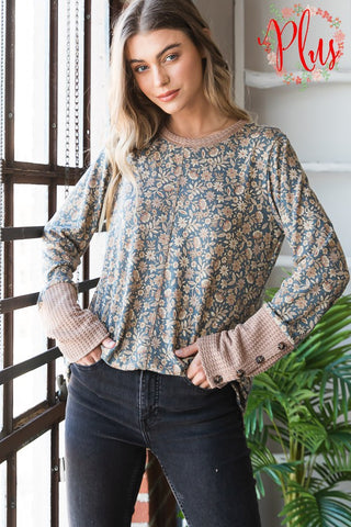 Morgan Muted Floral Button Detail Top in Faded Navy-Teal