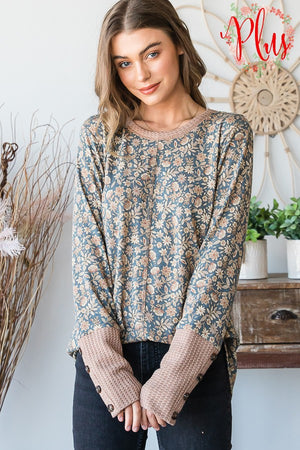 Morgan Fall Floral Button Detail Top in Faded Navy-Teal
