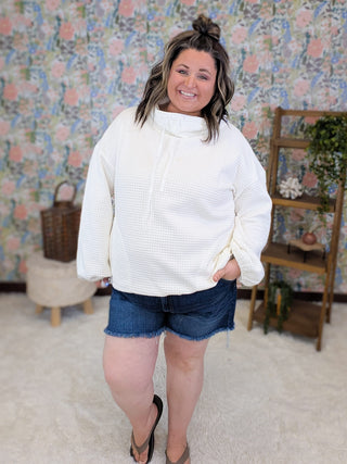 2- Long Sleeve Tops Teresa Waffle Knit Funnel Neck Top in Ivory plus size clothing