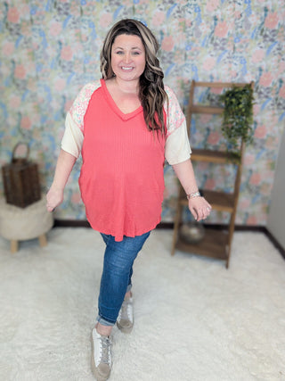 Teri Thermal Vneck Top in Colorblock + Floral-1- ShortSlv/Slvless Tops-HEIMISH-Styled by Stacked - A Plus Size Women's Boutique in Lakeville, MN