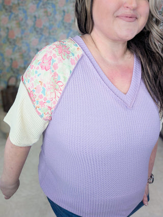 Teri Thermal Vneck Top in Colorblock + Floral-1- ShortSlv/Slvless Tops-HEIMISH-Styled by Stacked - A Plus Size Women's Boutique in Lakeville, MN