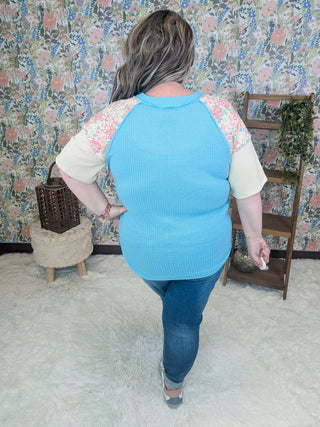 Teri Thermal Vneck Top in Colorblock + Floral-1- ShortSlv/Slvless Tops-HEIMISH-Styled by Stacked - A Plus Size Women's Boutique in Lakeville, MN