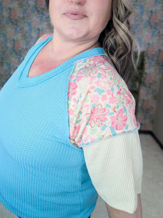 Teri Thermal Vneck Top in Colorblock + Floral-1- ShortSlv/Slvless Tops-HEIMISH-Styled by Stacked - A Plus Size Women's Boutique in Lakeville, MN