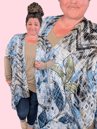 4- Overlayer Tops Terri Abstract + Botanical Kimono in Blue + Mocha Mix plus size clothing