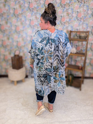 4- Overlayer Tops Terri Abstract + Botanical Kimono in Blue + Mocha Mix plus size clothing