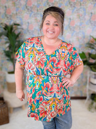 Tiana Kimono Cut Short Sleeve Babydoll Top in Green Paisley Print-1- ShortSlv/Slvless Tops-BE STAGE-Styled by Stacked - A Plus Size Women's Boutique in Lakeville, MN