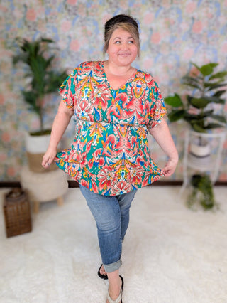 Tiana Kimono Cut Short Sleeve Babydoll Top in Green Paisley Print-1- ShortSlv/Slvless Tops-BE STAGE-Styled by Stacked - A Plus Size Women's Boutique in Lakeville, MN