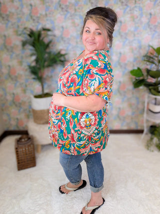 Tiana Kimono Cut Short Sleeve Babydoll Top in Green Paisley Print-1- ShortSlv/Slvless Tops-BE STAGE-Styled by Stacked - A Plus Size Women's Boutique in Lakeville, MN