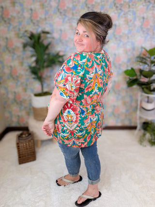 Tiana Kimono Cut Short Sleeve Babydoll Top in Green Paisley Print-1- ShortSlv/Slvless Tops-BE STAGE-Styled by Stacked - A Plus Size Women's Boutique in Lakeville, MN