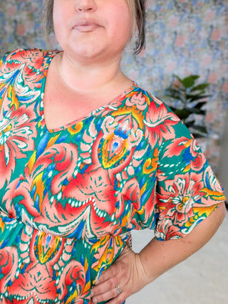 Tiana Kimono Cut Short Sleeve Babydoll Top in Green Paisley Print-1- ShortSlv/Slvless Tops-BE STAGE-Styled by Stacked - A Plus Size Women's Boutique in Lakeville, MN
