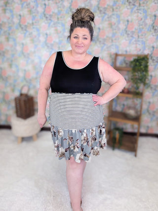 11- Dress/Romp/Jump Tierney Floral + Stripe Colorblock Tank Dress plus size clothing