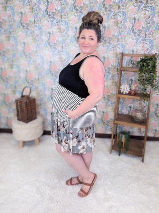 11- Dress/Romp/Jump Tierney Floral + Stripe Colorblock Tank Dress plus size clothing