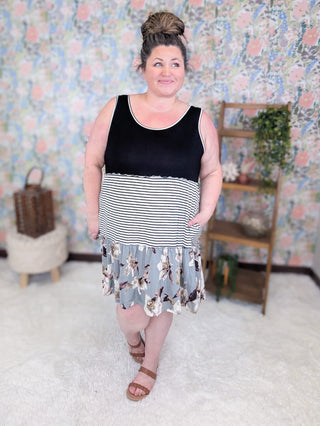11- Dress/Romp/Jump Tierney Floral + Stripe Colorblock Tank Dress plus size clothing