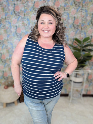 Tiffanie Scoopneck Tank in Navy Stripes-1- ShortSlv/Slvless Tops-MICHELLE MAE-Styled by Stacked - A Plus Size Women's Boutique in Lakeville, MN