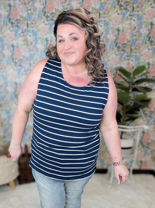 Tiffanie Scoopneck Tank in Navy Stripes-1- ShortSlv/Slvless Tops-MICHELLE MAE-Styled by Stacked - A Plus Size Women's Boutique in Lakeville, MN