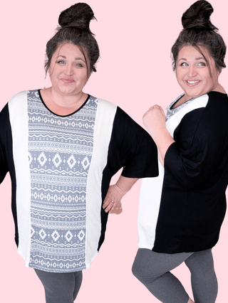Tiffany 3/4 Sleeve Black Tunic w/Aztec Gray Panel-1- ShortSlv/Slvless Tops-VOLL-Styled by Stacked - A Plus Size Women's Boutique in Lakeville, MN