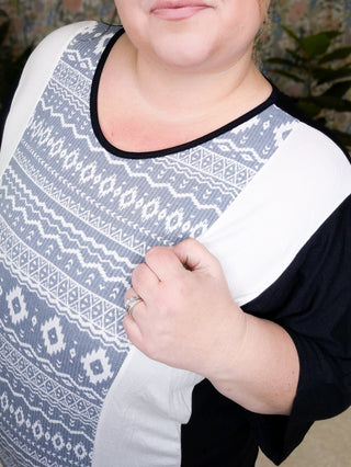 Tiffany 3/4 Sleeve Black Tunic w/Aztec Gray Panel-1- ShortSlv/Slvless Tops-VOLL-Styled by Stacked - A Plus Size Women's Boutique in Lakeville, MN