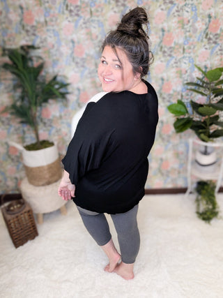 Tiffany 3/4 Sleeve Black Tunic w/Aztec Gray Panel-1- ShortSlv/Slvless Tops-VOLL-Styled by Stacked - A Plus Size Women's Boutique in Lakeville, MN