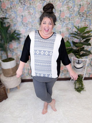 Tiffany 3/4 Sleeve Black Tunic w/Aztec Gray Panel-1- ShortSlv/Slvless Tops-VOLL-Styled by Stacked - A Plus Size Women's Boutique in Lakeville, MN