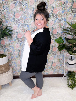Tiffany 3/4 Sleeve Black Tunic w/Aztec Gray Panel-1- ShortSlv/Slvless Tops-VOLL-Styled by Stacked - A Plus Size Women's Boutique in Lakeville, MN