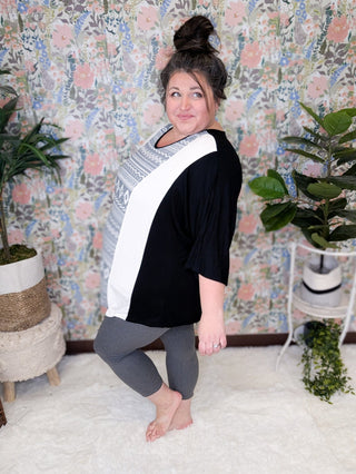 Tiffany 3/4 Sleeve Black Tunic w/Aztec Gray Panel-1- ShortSlv/Slvless Tops-VOLL-Styled by Stacked - A Plus Size Women's Boutique in Lakeville, MN