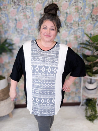 Tiffany 3/4 Sleeve Black Tunic w/Aztec Gray Panel-1- ShortSlv/Slvless Tops-VOLL-Styled by Stacked - A Plus Size Women's Boutique in Lakeville, MN