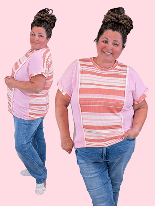 Tina Striped Short Sleeve Top in Pink Mix plus size clothing