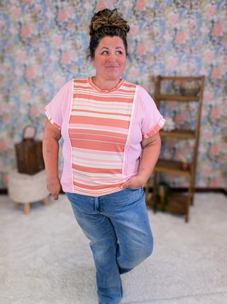 Tina Striped Short Sleeve Top in Pink Mix plus size clothing