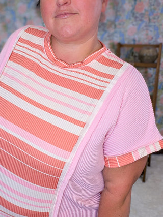 Tina Striped Short Sleeve Top in Pink Mix plus size clothing