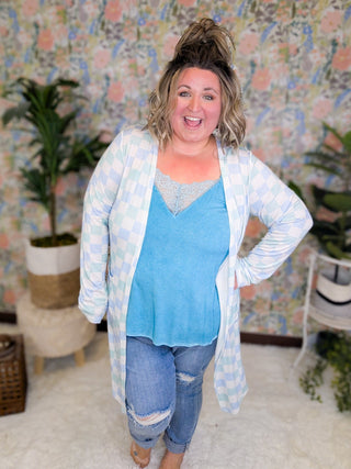 Tinley Tissue Weight Pocket Cardigan in Checkers-4- Overlayer Tops-MICHELLE MAE-Styled by Stacked - A Plus Size Women's Boutique in Lakeville, MN