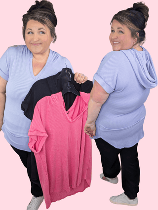 Tommi Urban Ribbed Hooded Short Sleeve Top (3 Colors)-1- ShortSlv/Slvless Tops-HEIMISH-Styled by Stacked - A Plus Size Women's Boutique in Lakeville, MN