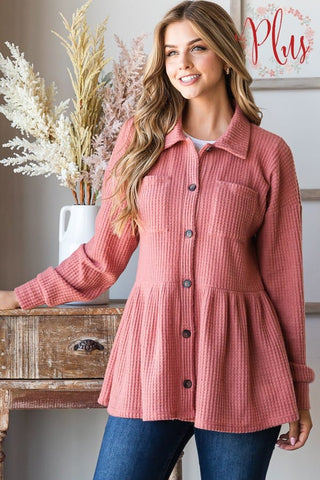 4- Overlayer Tops Toni Babydoll Buttondown Shirket in Brushed Waffle Knit (2 Colors) plus size clothing