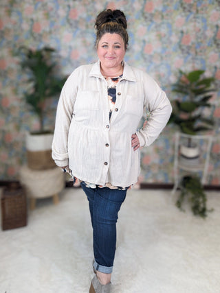Toni Babydoll Buttondown Shirket in Brushed Waffle Knit-4- Overlayer Tops-HEIMISH-Styled by Stacked - A Plus Size Women's Boutique in Lakeville, MN