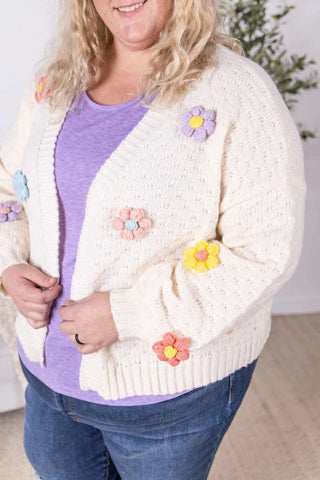 Tracey 3D Floral Cardigan in Cream w/Bright Flowers-4- Overlayer Tops-MICHELLE MAE-Styled by Stacked - A Plus Size Women's Boutique in Lakeville, MN