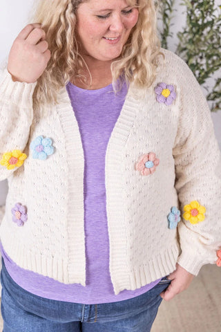 Tracey 3D Floral Cardigan in Cream w/Bright Flowers-4- Overlayer Tops-MICHELLE MAE-Styled by Stacked - A Plus Size Women's Boutique in Lakeville, MN