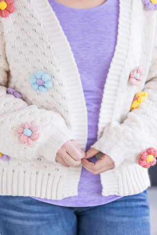 Tracey 3D Floral Cardigan in Cream w/Bright Flowers-4- Overlayer Tops-MICHELLE MAE-Styled by Stacked - A Plus Size Women's Boutique in Lakeville, MN