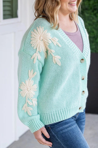 Tracey 3D Floral Cardigan in Seafoam Mint w/Cream Floral-4- Overlayer Tops-MICHELLE MAE-Styled by Stacked - A Plus Size Women's Boutique in Lakeville, MN