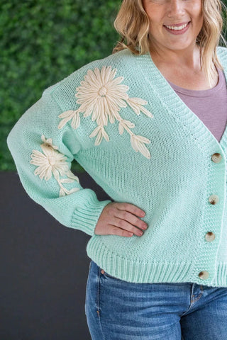 Tracey 3D Floral Cardigan in Seafoam Mint w/Cream Floral-4- Overlayer Tops-MICHELLE MAE-Styled by Stacked - A Plus Size Women's Boutique in Lakeville, MN