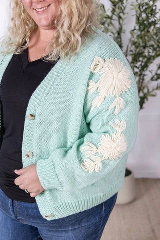 Tracey 3D Floral Cardigan in Seafoam Mint w/Cream Floral-4- Overlayer Tops-MICHELLE MAE-Styled by Stacked - A Plus Size Women's Boutique in Lakeville, MN