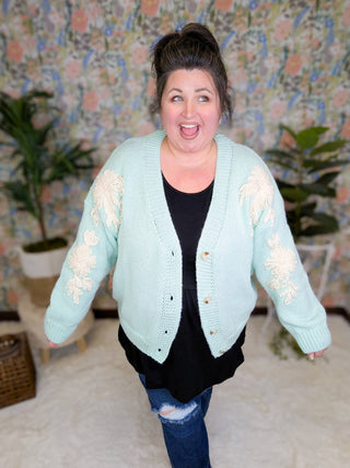 Tracey 3D Floral Cardigan in Seafoam Mint w/Cream Floral-4- Overlayer Tops-MICHELLE MAE-Styled by Stacked - A Plus Size Women's Boutique in Lakeville, MN