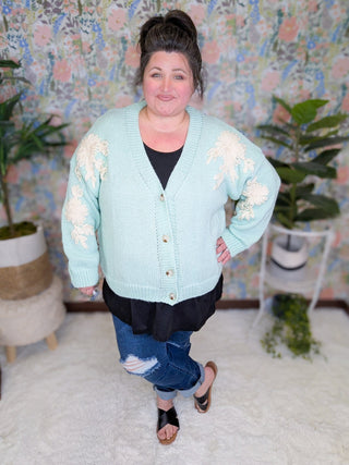 Tracey 3D Floral Cardigan in Seafoam Mint w/Cream Floral-4- Overlayer Tops-MICHELLE MAE-Styled by Stacked - A Plus Size Women's Boutique in Lakeville, MN