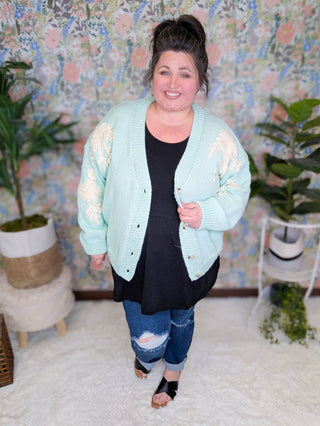 Tracey 3D Floral Cardigan in Seafoam Mint w/Cream Floral-4- Overlayer Tops-MICHELLE MAE-Styled by Stacked - A Plus Size Women's Boutique in Lakeville, MN