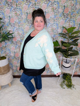 Tracey 3D Floral Cardigan in Seafoam Mint w/Cream Floral-4- Overlayer Tops-MICHELLE MAE-Styled by Stacked - A Plus Size Women's Boutique in Lakeville, MN