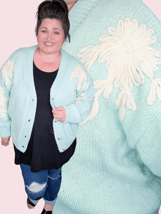 Tracey 3D Floral Cardigan in Seafoam Mint w/Cream Floral-4- Overlayer Tops-MICHELLE MAE-Styled by Stacked - A Plus Size Women's Boutique in Lakeville, MN