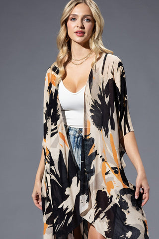 Trinity Artistic Floral Kimono in Taupe, Black + Tangerine-4- Overlayer Tops-urbanista-Styled by Stacked - A Plus Size Women's Boutique in Lakeville, MN